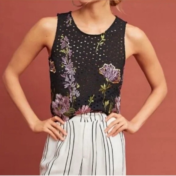 MEADOW RUE | Anthropologie S Harriet Floral Black Embroidery Eyelet Stretch Tank - Picture 1 of 15